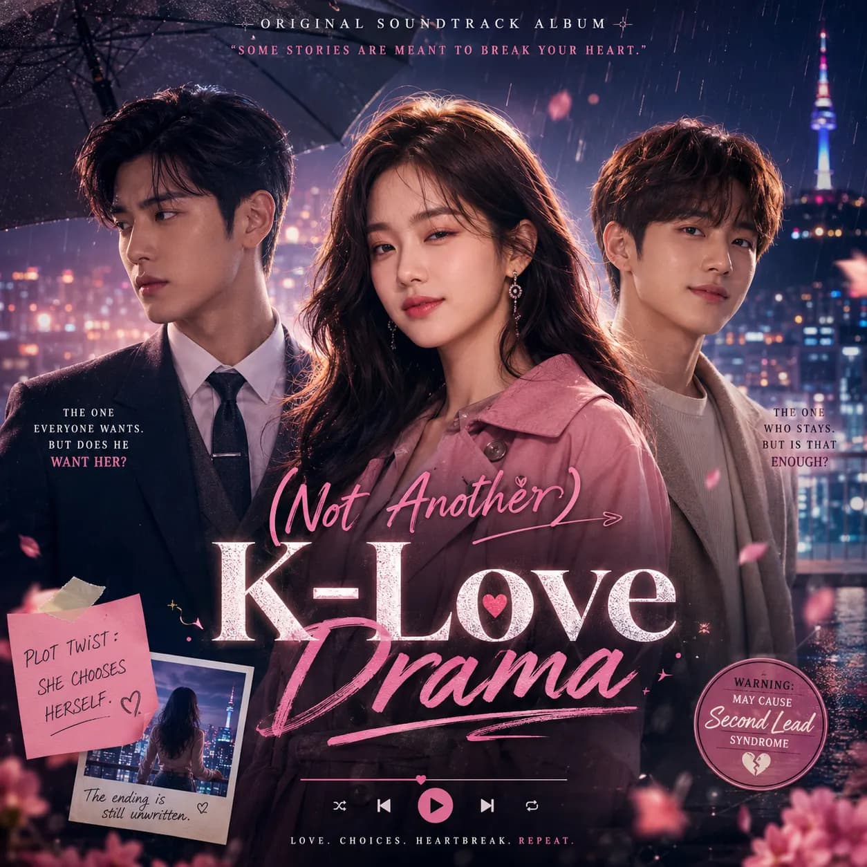 Album cover for K-Love Drama by Kansai Music, styled like a dramatic Korean romance poster with a love triangle, rainy city lights, and playful K-drama satire.